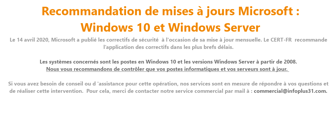 Recommandations de mises à jour Microsoft : Windows 10 et Windows Server